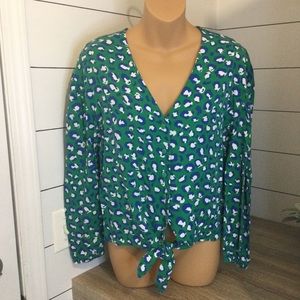 Graceatwood the drop blouse womens S‎ Button down, tie front top, leopard print